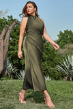 Sheath Cowl Neck Olive Tea Length Plus Size Formal Dress with Open Back