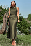 Sheath Cowl Neck Olive Tea Length Plus Size Formal Dress with Open Back