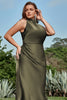 Load image into Gallery viewer, Sheath Cowl Neck Olive Tea Length Plus Size Formal Dress with Open Back