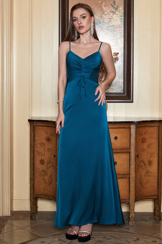 Spaghetti Straps Blue Simple Formal Dress with Ruffles