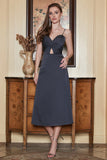 Spaghetti Straps Midi Simple Formal Dress with Hollow Out