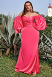 Sheath Off the Shoulder Fuchsia Plus Size Formal Dress with Long Sleeves