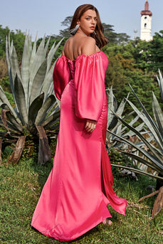 Sheath Off the Shoulder Fuchsia Plus Size Formal Dress with Long Sleeves