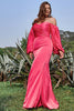 Load image into Gallery viewer, Sheath Off the Shoulder Fuchsia Plus Size Formal Dress with Long Sleeves