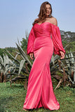 Sheath Off the Shoulder Fuchsia Plus Size Formal Dress with Long Sleeves