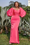 Sheath Off the Shoulder Fuchsia Plus Size Formal Dress with Long Sleeves