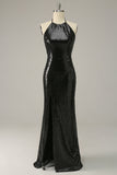 Sheath Halter Black Sequins Plus Size Formal Dress with Open Back