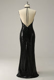 Sheath Halter Black Sequins Plus Size Formal Dress with Open Back