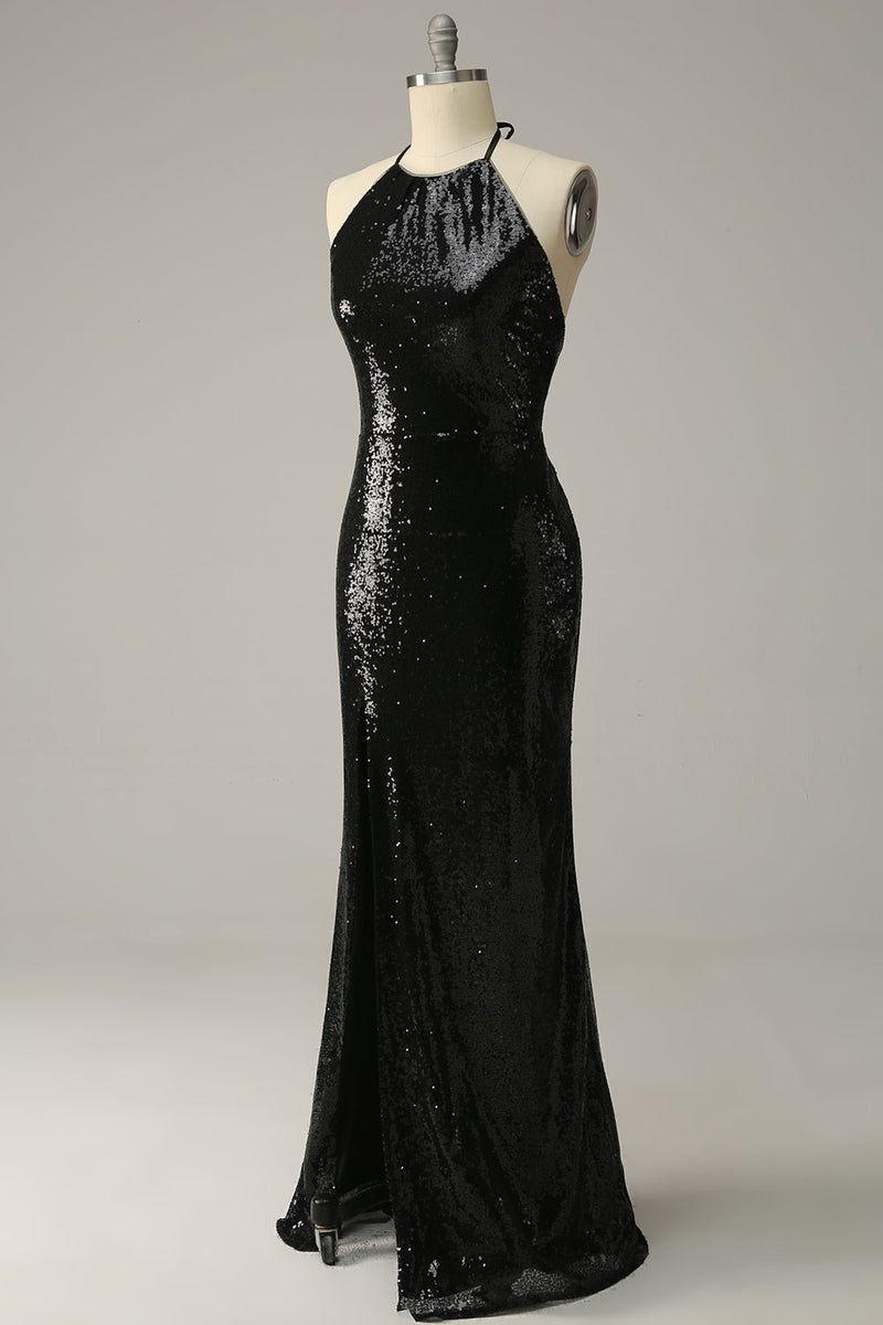 Load image into Gallery viewer, Sheath Halter Black Sequins Plus Size Formal Dress with Open Back