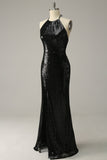 Sheath Halter Black Sequins Plus Size Formal Dress with Open Back