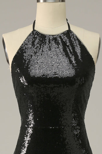 Sheath Halter Black Sequins Plus Size Formal Dress with Open Back