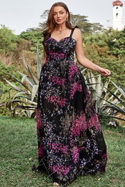 A Line Spaghetti Straps Black Mixed Flower Plus Size Formal Dresses