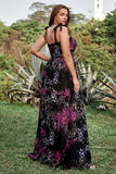 A Line Spaghetti Straps Black Mixed Flower Plus Size Formal Dresses