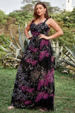 A Line Spaghetti Straps Black Mixed Flower Plus Size Formal Dresses