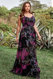 A Line Spaghetti Straps Black Mixed Flower Plus Size Formal Dresses