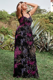 A Line Spaghetti Straps Black Mixed Flower Plus Size Formal Dresses