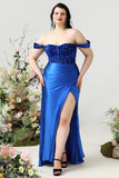 Sheath Off the Shoulder Royal Blue Plus Size Formal Dress with Split Front