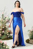 Load image into Gallery viewer, Sheath Off the Shoulder Royal Blue Plus Size Formal Dress with Split Front