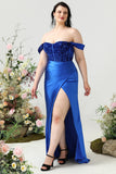 Sheath Off the Shoulder Royal Blue Plus Size Formal Dress with Split Front