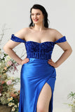 Sheath Off the Shoulder Royal Blue Plus Size Formal Dress with Split Front