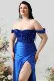 Sheath Off the Shoulder Royal Blue Plus Size Formal Dress with Split Front