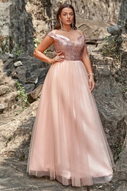 A Line Off the Shoulder Blush Plus Size Formal Dress