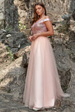 A Line Off the Shoulder Blush Plus Size Formal Dress