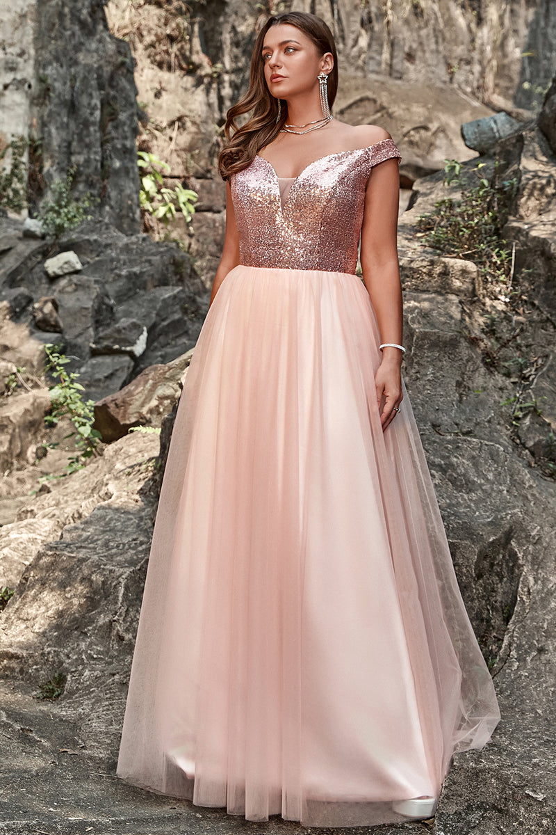 Load image into Gallery viewer, A Line Off the Shoulder Blush Plus Size Formal Dress