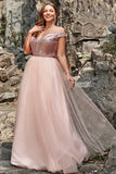 A Line Off the Shoulder Blush Plus Size Formal Dress