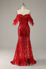 Load image into Gallery viewer, Mermaid Off the Shoulder Burgundy Plus Size Formal Dress with Feathers