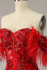 Load image into Gallery viewer, Mermaid Off the Shoulder Burgundy Plus Size Formal Dress with Feathers