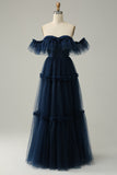 A-Line Off the Shoulder Sweetheart Tulle Navy Long Formal Dress