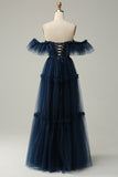 A-Line Off the Shoulder Sweetheart Tulle Navy Long Formal Dress