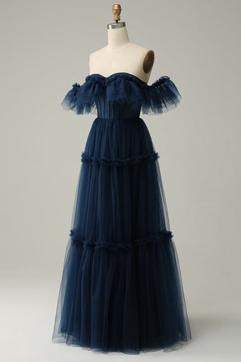 A-Line Off the Shoulder Sweetheart Tulle Navy Long Formal Dress