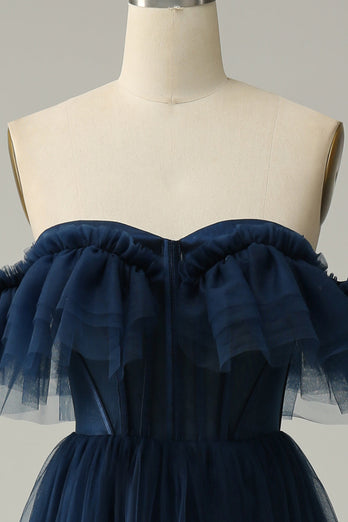 A-Line Off the Shoulder Sweetheart Tulle Navy Long Formal Dress