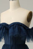 A-Line Off the Shoulder Sweetheart Tulle Navy Long Formal Dress