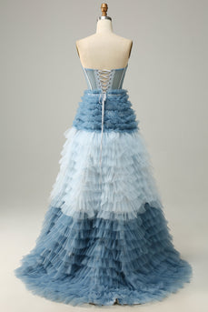 A Line Sweetheart Grey Blue Long Formal Dress with Ruffles