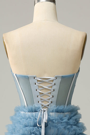 A Line Sweetheart Grey Blue Long Formal Dress with Ruffles