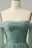 Off The Shoulder Grey Green A-Line Tull Formal Dress With Long Sleeves