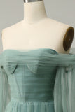 Off The Shoulder Grey Green A-Line Tull Formal Dress With Long Sleeves