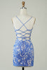 Load image into Gallery viewer, Sheath V Neck Blue Short Cocktail Dress with Appliques Criss Cross Back