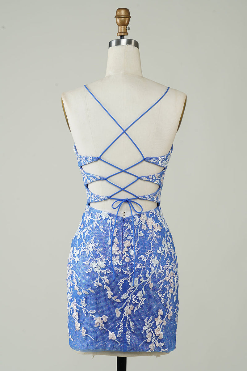 Load image into Gallery viewer, Sheath V Neck Blue Short Cocktail Dress with Appliques Criss Cross Back
