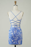 Sheath V Neck Blue Short Cocktail Dress with Appliques Criss Cross Back