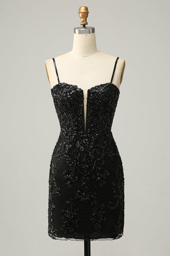 Sparkly Black Corset Sequins Tight Short Formal Dress with Lace