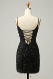 Sparkly Black Corset Sequins Tight Short Formal Dress with Lace