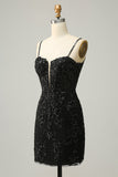 Sparkly Black Corset Sequins Tight Short Formal Dress with Lace