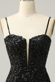 Sparkly Black Corset Sequins Tight Short Formal Dress with Lace