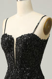 Sparkly Black Corset Sequins Tight Short Formal Dress with Lace