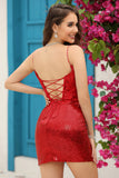 Sparkly Red Corset Sequins Tight Short Formal Dress with Lace