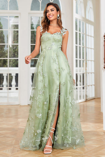 A Line Green Corset Long Tulle Formal Dress with 3D Butterflies Split Front